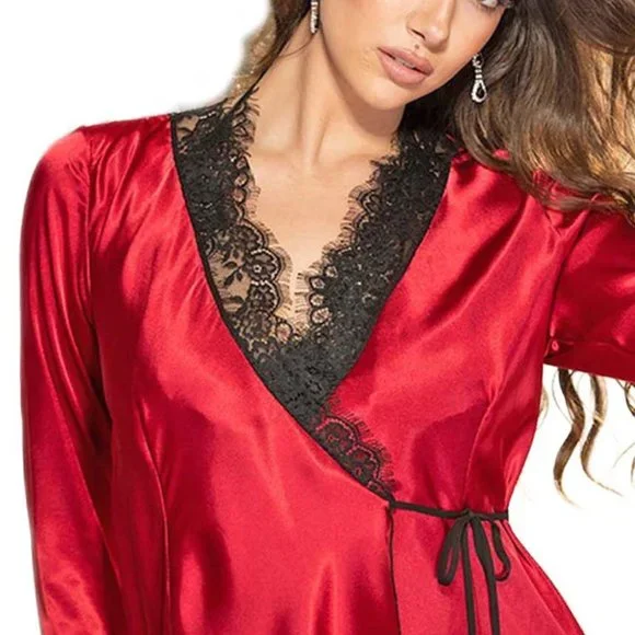 Plus Size Red Robe Mid Length Satin and Eyelash Lace with Long Sleeves 1x 2x